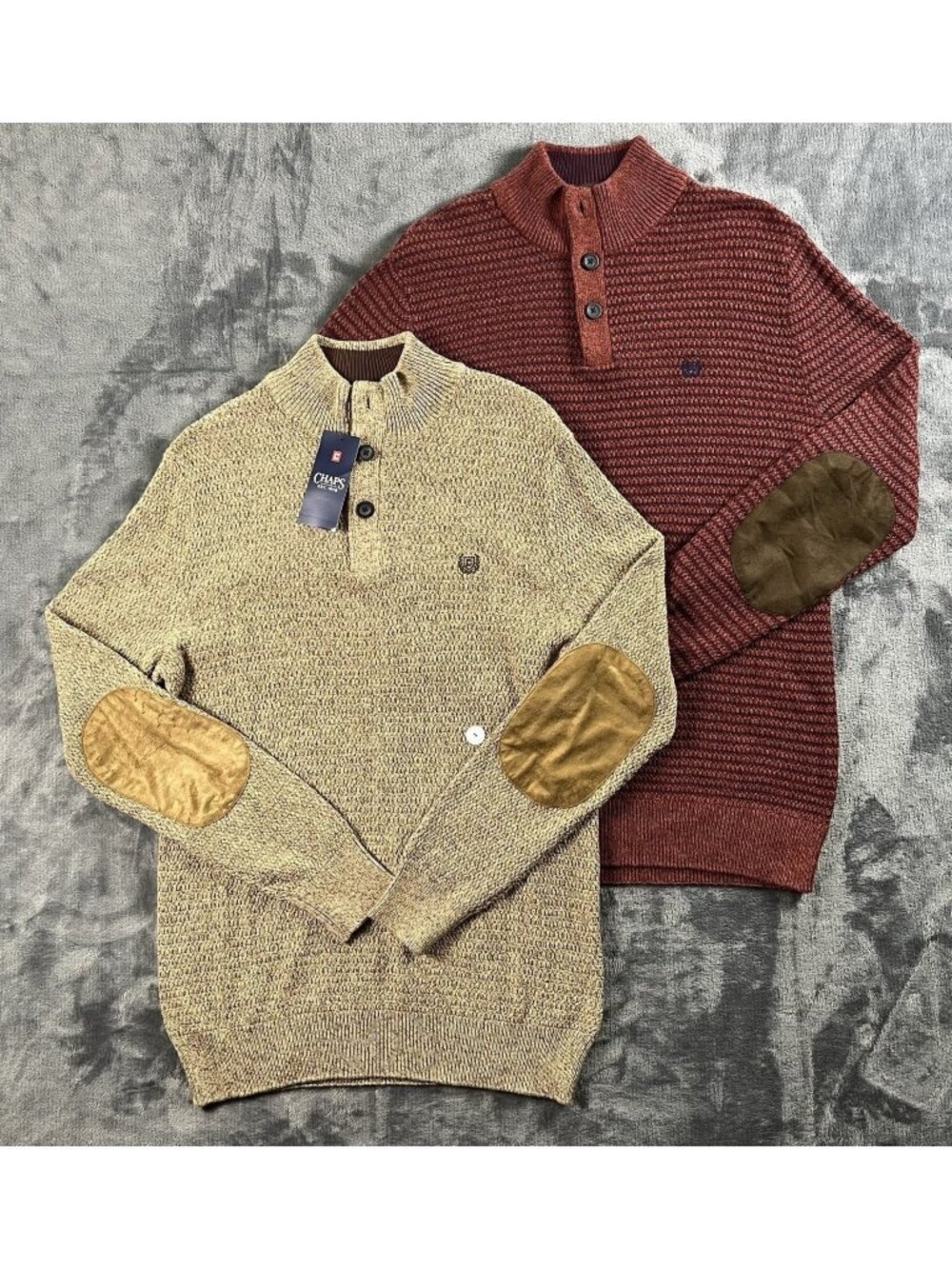 Chaps Sweater Mens Small Mock Neck Button Pullover Suede Elbow Patch (lot of 2)